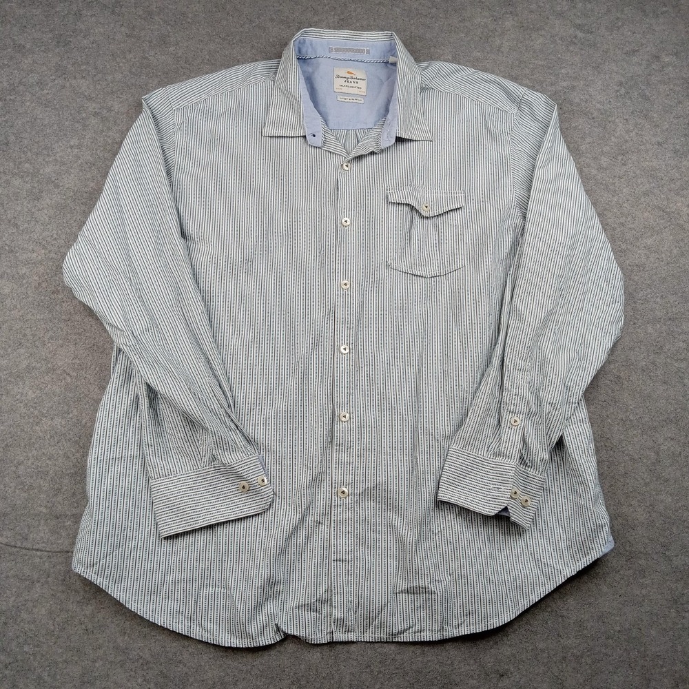 Tommy Bahama Shirt Mens 2XL Blue Stripe Island Modern Button Front Long Sleeve